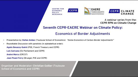 White background with black text "Seventh CEPR/EAERE Webinar on Climate Policy: Economics of Border Adjustments" with CEPR logos